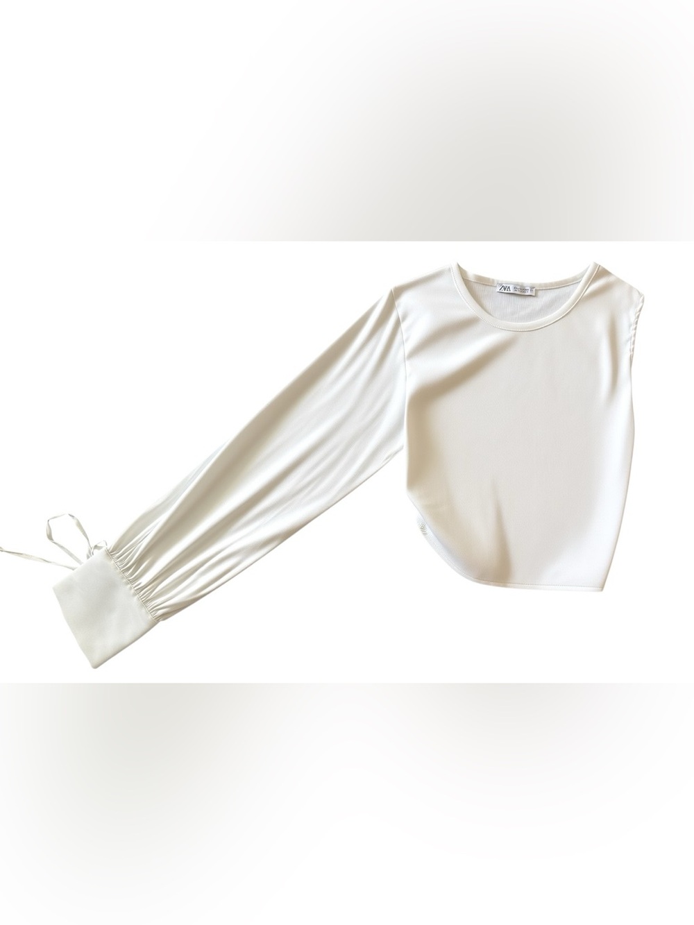 Zara Sz S Asymmetric One sleeve Crop Top Tie at Sleeve Cuff White | GUC